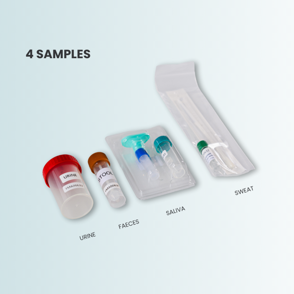 De vier samples: urine, stoelgang (faeces), speeksel (saliva) en zweet (sweat)