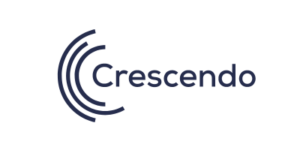 Crescendo.eu.com-Logo - Eine stilisierte blaue und grüne Wellenform mit dem Schriftzug &quot;Crescendo&quot; in Weiß.